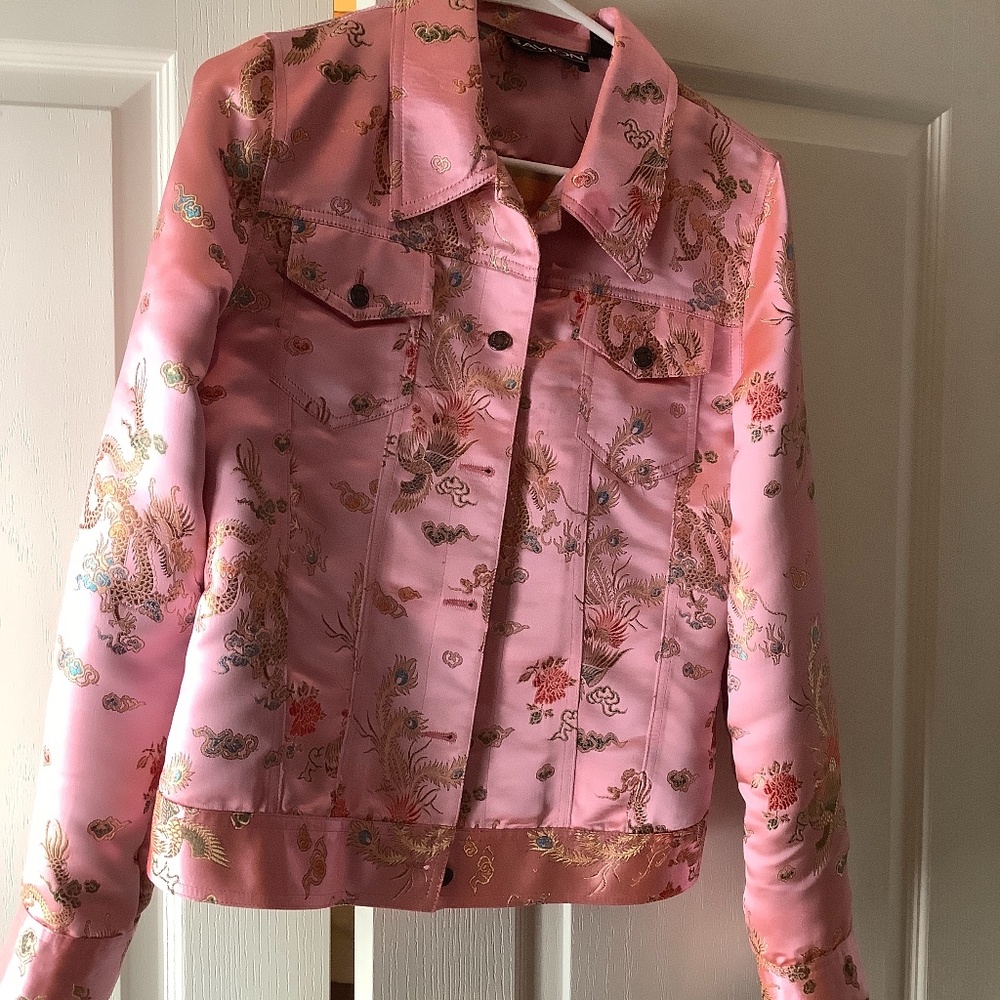 Super cute pink silk look jean jacket